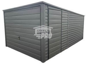 Garaż blaszany 3x5m  Brama uchylna + drzwi  Antracyt Dach spad w tył GP229