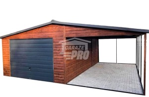 Garaż blaszany 4x6 + wiata 3m. Brama uchylna Drzwi drewnopodobny Dach dwuspadowy - Blachodachówka GP88
