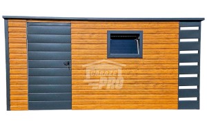Schowek - Domek Ogrodowy 4,5x2m + Wiata 0,5m - Brama Dwuskrzydłowa - Okno - Jasny orzech - Drewnopodobny - Antracyt - Dach spad w tył  GP383