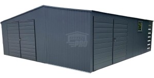 Garaż blaszany 7x7,5m + wnęka 2,5m - 2x brama dwuskrzydłowa - 2x okno - antracyt -  dach dwuspadowy  GP481