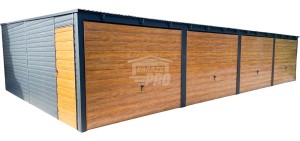 Rząd garaży - Garaż blaszany 12x6m - 4x brama uchylna - drzwi - antracyt - jasny orzech - drewnopodobny - dach spad w przód  GP482