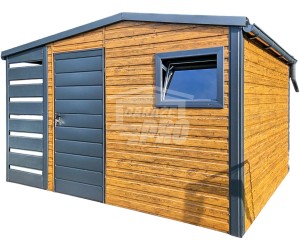 Schowek - domek ogrodowy 3x3,5m + wiata 1m - drzwi - okno - jasny orzech - drewnopodobny - antracyt - rynny - dach dwuspadowy GP484