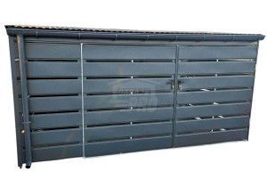 Wiata śmietnikowa - Schowek 4x2m - Brama dwuskrzydłowa - Zabudowany panelami  Antracyt - rynny  GP491