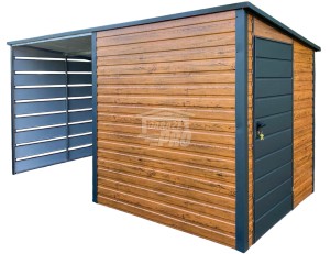 Schowek - Domek Ogrodowy 2x2m + wiata 2m -  Drzwi  - jasny orzech - dach spad w tył GP547