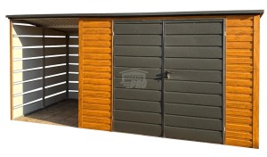 Schowek - Domek Ogrodowy 3x2m + wiata 1,5m - Brama - jasny orzech - dach spad w tył GP559