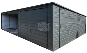Garaż blaszany 3,5x6 + wiata 5x6 m - Brama - okno - drzwi - Antracyt Dach spad w tył GP574