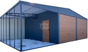 Garaż blaszany 6x6m + wiata 3m - 2x brama uchylna - drzwi - antracyt - ciemny orzech - dach dwuspadowy GP585