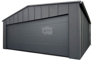 Garaż blaszany Premium 6x5,8 - Brama segmentowa - drzwi - okno - rynny - antracyt - Blacha na Rąbek - dach dwuspadowy GP648