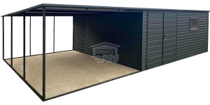 Garaż Blaszany 5x4m + Wiata 4m - Brama dwuskrzydłowa - Okno  - Antracyt - dach spad w tył GP665 