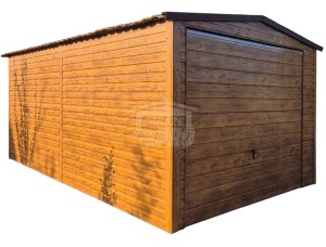 Garaż blaszany 3,5x6m - Brama uchylna - automat - jasny orzech - drewnopodobny - blachodachówka - Dach dwuspadowy GP673