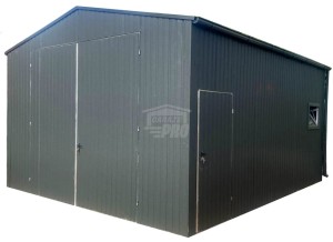 Hala Garaż blaszany 5x5m - brama dwuskrzydłowa - drzwi - okno - antracyt - rynny - dach dwuspadowy  GP678