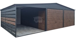 Garaż blaszany 6x6m - wiata 3m - 2x brama - drzwi - antracyt - ciemny orzech - drewnopodobny - dach dwuspadowy  GP683