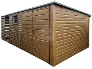 Schowek - domek ogrodowy 3,5x3 m + wiata 2x3 m - brama dwuskrzydłowa - okno - ciemny orzech - drewnopodobny - dach spad w tył GP731