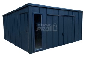 Garaż blaszany 5x5 m - brama uchylna - drzwi - okno - antracyt - blacha na rąbek - dach spad w tył GP742