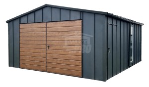 Garaż blaszany 5x6 m - brama dwuskrzydłowa - 2x okno - antracyt - ciemny orzech - drewnopodobny - blacha na rąbek - dach dwuspadowy - rynny GP743