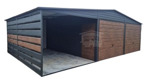 Garaż blaszany 6x6 m + wiata 3x6 m - 2x brama uchylna - drzwi - antracyt - ciemny orzech - drewnopodobny - dach dwuspadowy GP745