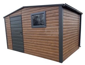 Schowek - domek ogrodowy 3,5x2,5 m - drzwi - okno - ciemny orzech - drewnopodobny - antracyt - dach dwuspadowy - rynny GP749