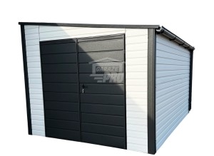 Domek ogrodowy 2,5x3 m - brama dwuskrzydłowa - drzwi - okno - biały - czarny - dach spad w bok - rynna GP754