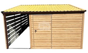 Domek ogrodowy 2,5x5 m + wiata 1,5x5 m - drzwi - 2x okno - winchester - drewnopdobny - dwuspad odwrócony - blachodachówka - rynny GP755