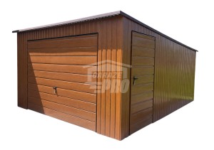 Garaż blaszany 4,5x6 m - brama uchylna - drzwi - złoty dąb - drewnopodobny - dach spad w tył GP763