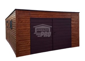 Garaż blaszany 4,5x6 m - brama dwuskrzydłowa - 2x okno - jasny orzech - drewnopodobny - ciemny brąz - dach spad w tył GP762