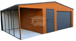 Garaż blaszany 5x6 m + wiata 2x6 m - brama segmentowa - drzwi - okno - złoty dąb - drewnopodobny - antracyt - rynny - dach dwuspadowy GP768