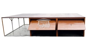Garaż blaszany 6x6 + 3x6 wiata  Brama uchylna x2 złoty dąb spad w tył GP132   