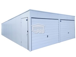 Garaż blaszany 6x7 Brama uchylna x2 + drzwi biały spad w tył GP140 