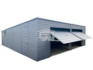 Garaż blaszany 8x8  Brama uchylna x2 + okno + drzwi antracyt spad w tył GP160 